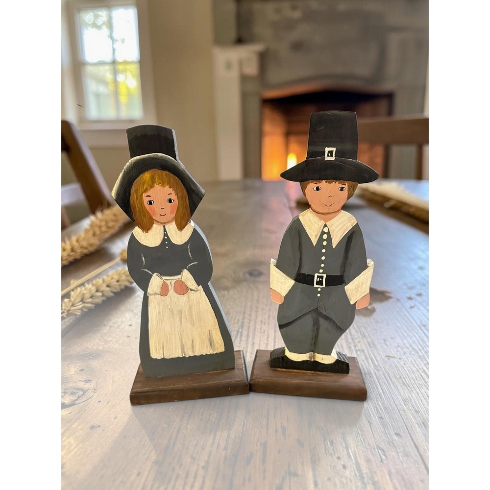 Hand-Painted Vintage Thanksgiving Pilgrim Wooden Figurines